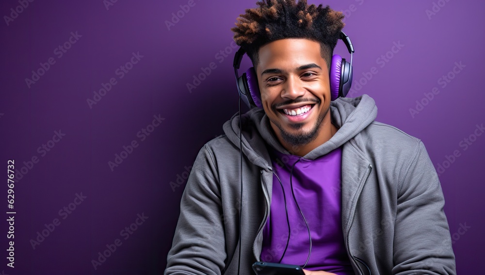 Φωτογραφία Modern and cool african american man listening music on headphones with smiley a