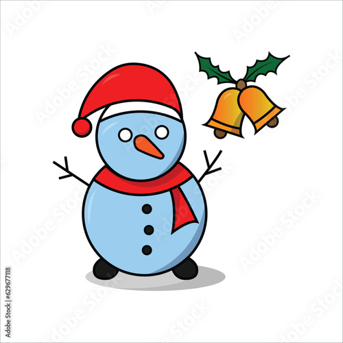 Snow man is wearing red hat and scarf, two bells behind it.