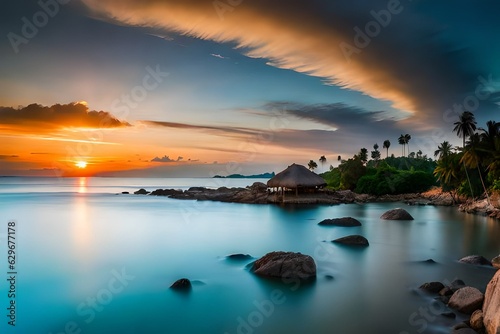 sunset over the beach on island of Indonesia.