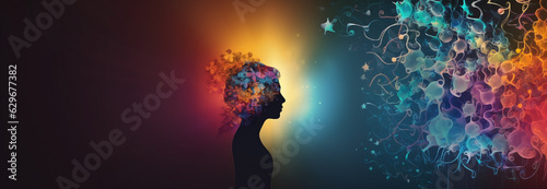 Neurodiversity's prism: revealing the spectrum of infinite potential. Banner of the silhouette of a thoughtful woman.