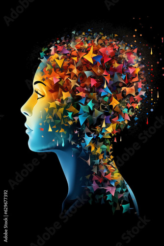 Neurodivergent harmony: orchestrating a symphony of individuality. Woman with a deconstructed and fragmented mind is thinking about something important.