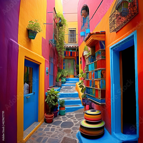An alleyways in colorful colors, folklore-inspired, bold color palate, pink and indigo, use of bright colors, AI Generated
