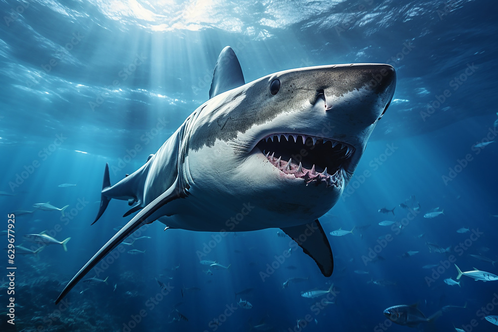 Naklejka premium Generative AI a shark swimming among the fish in the ocean