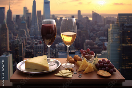 Romantic dinner, wine, cheese, grapes in a hotel room against the backdrop of the city's famous sights. AI generated.