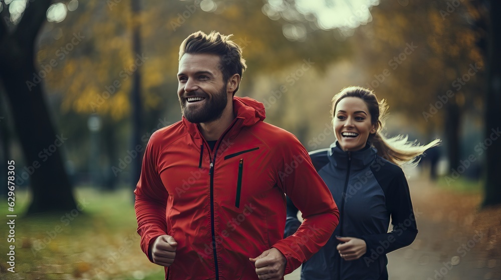 cheerful Caucasian couple running outdoors cheerful Caucasian couple running outdoors