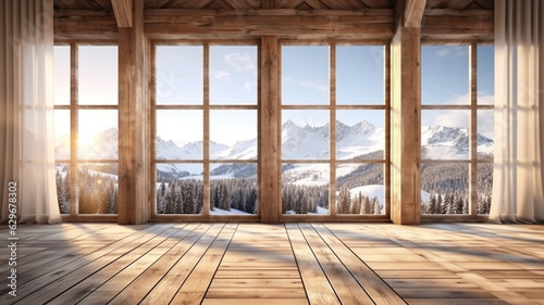 Wooden floor and huge French panoramic windows in a large room. AI generated. Winter landscape and snowy mountains outside the window.