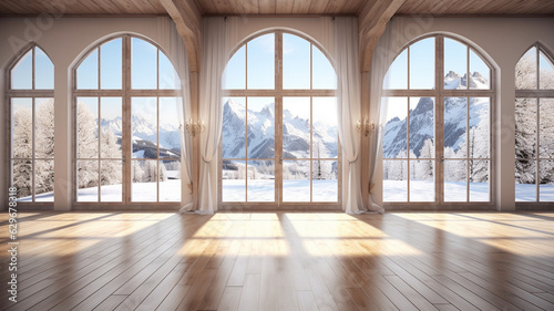 Wooden floor and huge French panoramic windows in a large room. AI generated. Winter landscape and snowy mountains outside the window. © serperm73