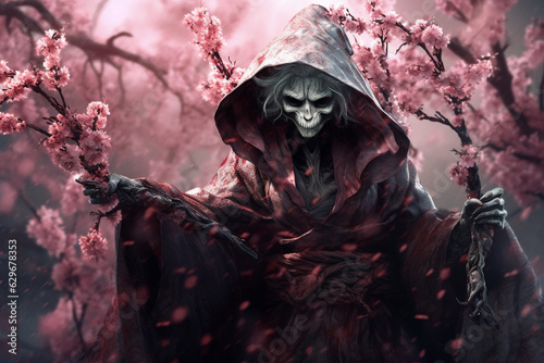 A scary witch among the flowers of blooming sakura. Abstract AI generated illustration.