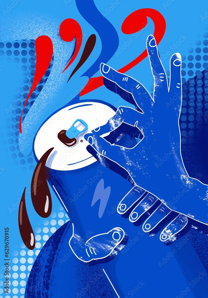 Obraz premium Blue background illustration hand pepsi cola Can