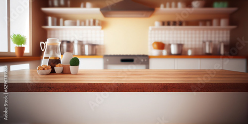 Empty display table, display of your product. Defocused image of a kitchen. Mocap. © serperm73
