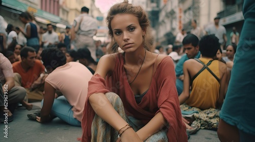 Young woman worried during a protest in the middle of the street, climate change