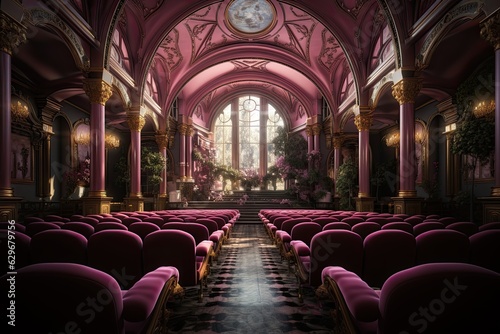 Pink theater with pink background and pink chairs, Created using generative AI © Gints