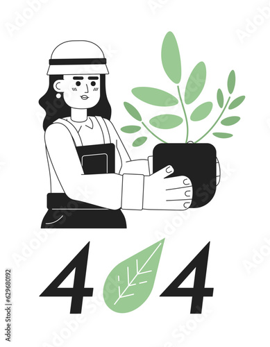 Gardener with houseplant black white error 404 flash message. Taking care of flower. Monochrome empty state ui design. Page not found popup cartoon image. Vector flat outline illustration concept