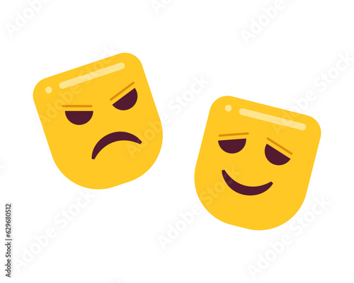 Tragedy and comedy theater mask semi flat colour vector object. Mask for cover face. Editable cartoon clip art icon on white background. Simple spot illustration for web graphic design