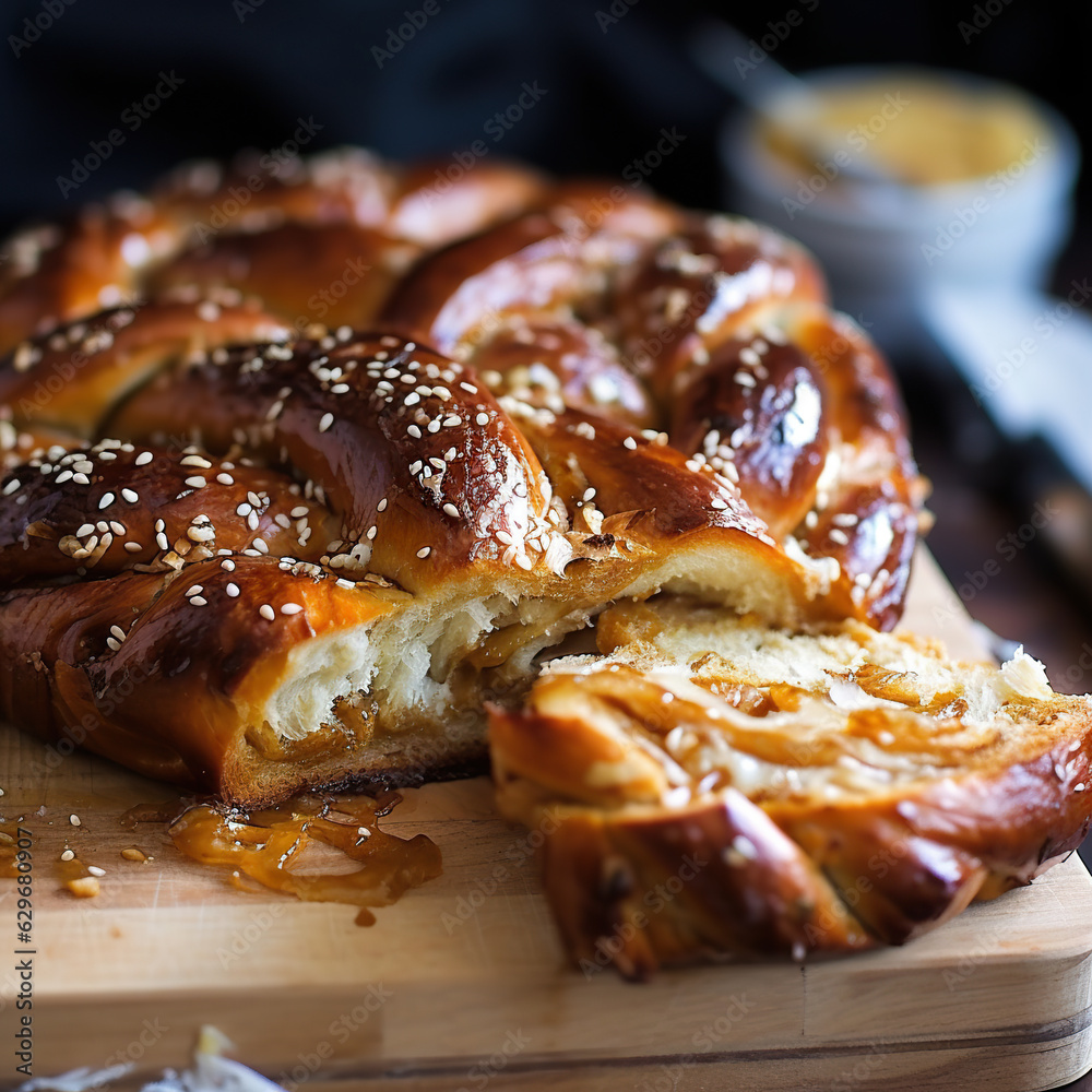 Close up of bread food concept background. Texture of baked sweet bun with raisins. Caramelized bread. Realistic 3D illustration. Generative AI Close up of bread food concept background. Texture of baked sweet bun with raisins. Caramelized bread. Realistic 3D illustration. Generative AI