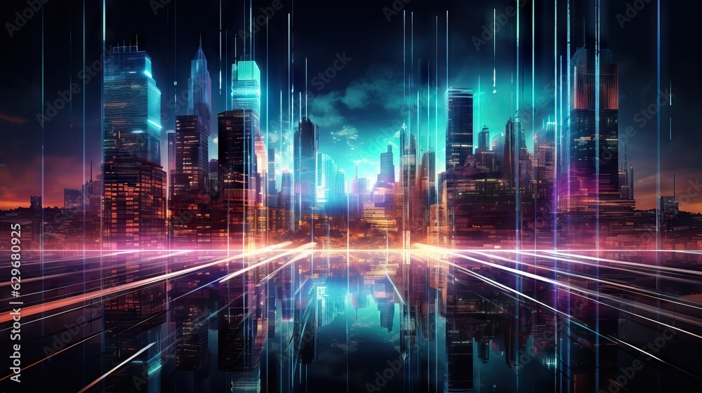 urban city architecture, cityscape with space and neon, business and corporation concept