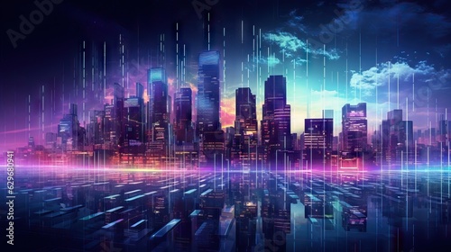 urban city architecture, cityscape with space and neon, business and corporation concept