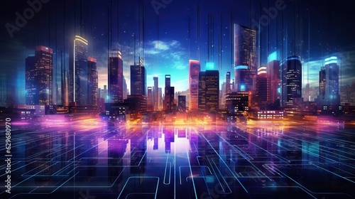 urban city architecture, cityscape with space and neon, business and corporation concept © Banana Images