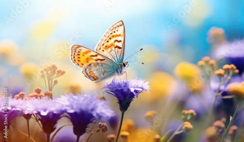 Mariposa de colores en un campoflores moradas.Ilustracion de ia generativa