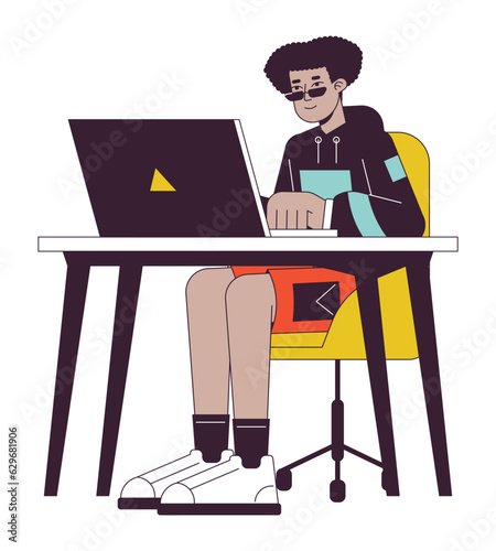 Happy latin man at office flat line concept vector spot illustration. Freelancer typing on laptop 2D cartoon outline character on white for web UI design. Editable isolated color hero image