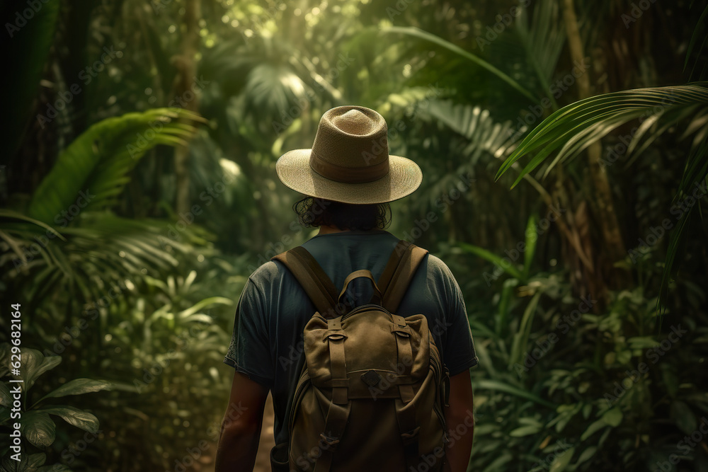 Adventurer from the back with a hat walking in the Amazon rainforest with lots of trees and vegetation. Backpacker exploring tropical jungle. Portrait of botanist in greenhouse. Generative AI