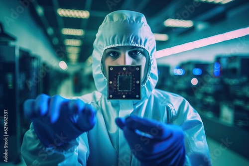 Engineer in lab holding a Microprocessor in hands in latex gloves in a sterile suit close-up.