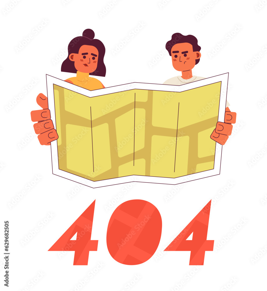 Latinamerican travelers error 404 flash message. Paper map. Looking on road map. Empty state ui design. Page not found popup cartoon image. Vector flat illustration concept on white background Latinamerican travelers error 404 flash message. Paper map. Looking on road map. Empty state ui design. Page not found popup cartoon image. Vector flat illustration concept on white background