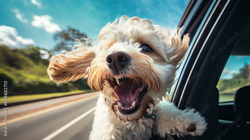 Happy dog leaning out into open car window and stuck out his tongue Happy dog leaning out into open car window and stuck out his tongue