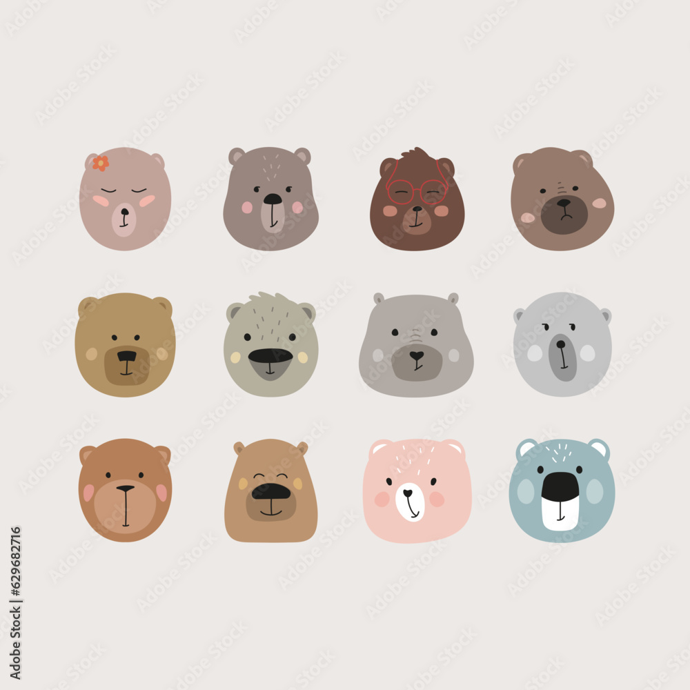 Set of 12 cute bear face posters hand drawn flat vector illustration isolated on background