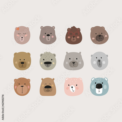 Fototapeta Naklejka Na Ścianę i Meble -  Set of 12 cute bear face posters hand drawn flat vector illustration isolated on background