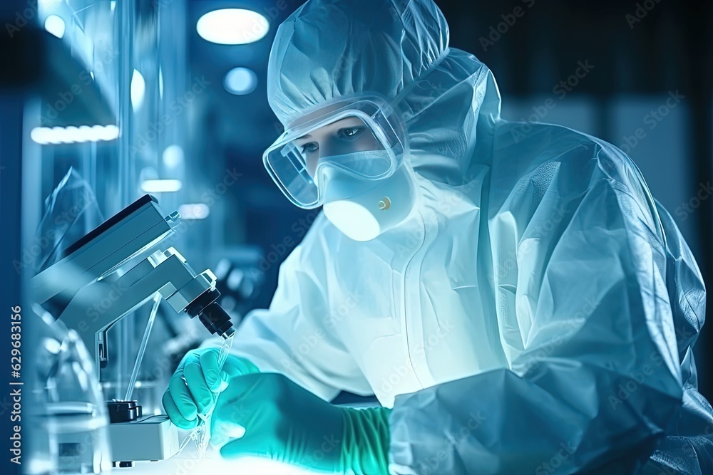 Closep-up image of a researcher in a protective mask working in a laboratory of a research institute. Creation of innovative medicines and vaccines. - obrazy, fototapety, plakaty 