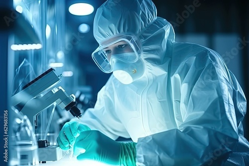 Leinwand Poster Closep-up image of a researcher in a protective mask working in a laboratory of a research institute
