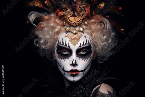 Close up shot of young woman with Halloween makeup. Creative face art, carnival and fashion concept
