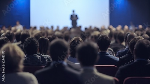 Blurred soft of seminar room for background filled with people attending a speech about business