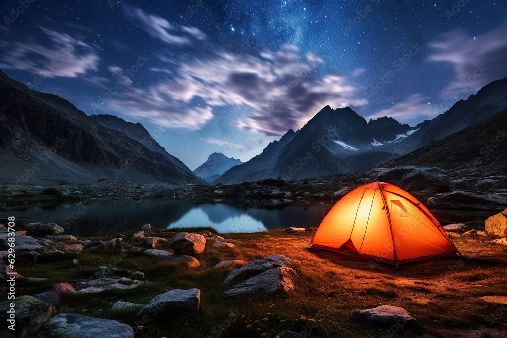 Camping tent by the lake in amazing mountain landscape at dusk