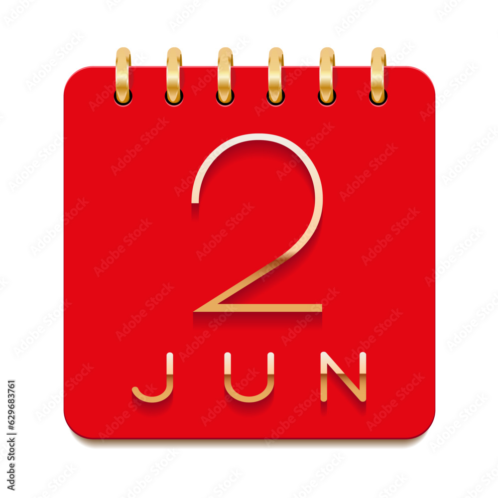 2 day of the month. June. Luxury calendar daily icon. Date day week Sunday, Monday, Tuesday, Wednesday, Thursday, Friday, Saturday. Gold text. Red paper. Vector illustration 2 day of the month. June. Luxury calendar daily icon. Date day week Sunday, Monday, Tuesday, Wednesday, Thursday, Friday, Saturday. Gold text. Red paper. Vector illustration