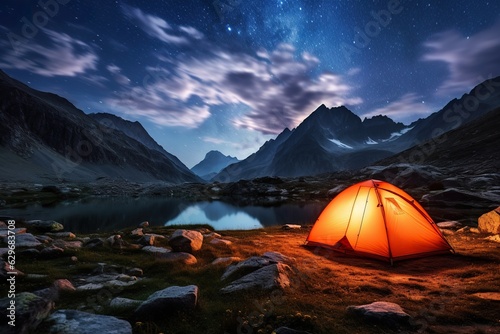 Camping tent by the lake in amazing mountain landscape at dusk