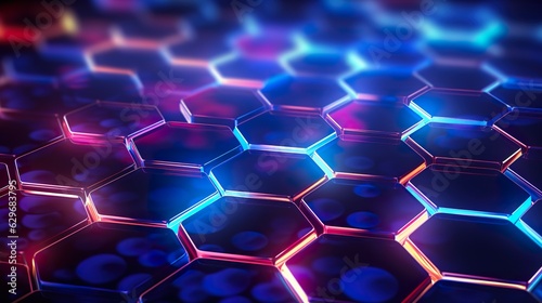 Close up shot background of neon light over hexagonal shapes