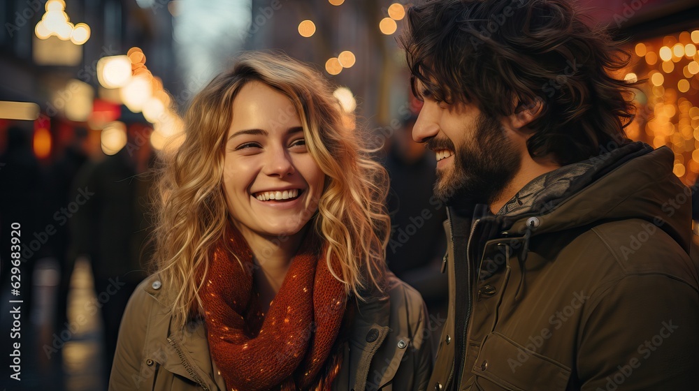 Young couple outdoors at winter having fun, love each other