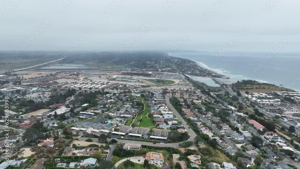 Aerial view of Del Mar coastline and beach, San Diego County, California, USA. Pacific ocean 
