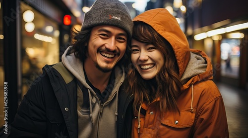 Young couple outdoors at winter having fun, love each other © Banana Images