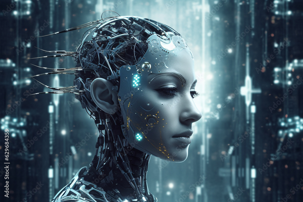 Artificial intelligence and human face close up, abstract web banner, illustration. Artificial intelligence and human face close up, abstract web banner, illustration.