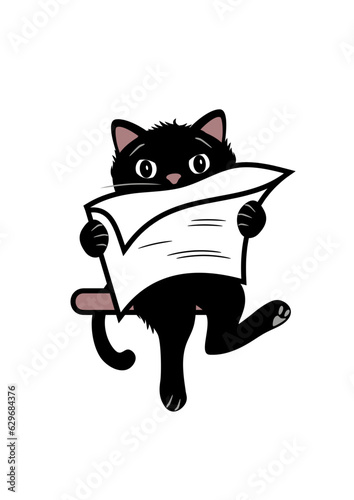 Funny black cat reading newspaper