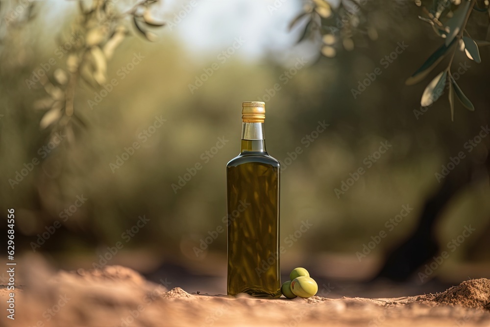 Bottle of olive oil with green olives in the background. Bottle of olive oil with green olives in the background.