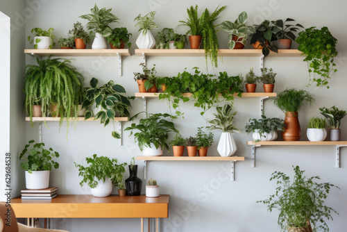 Stylish home interior with background from leaves and plants. Plant wall with lush green colors