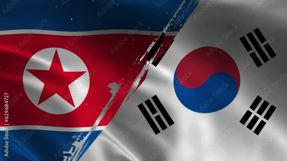 Waving North Korean and South Korean National Flag Fabric Cloth Motion in 4k