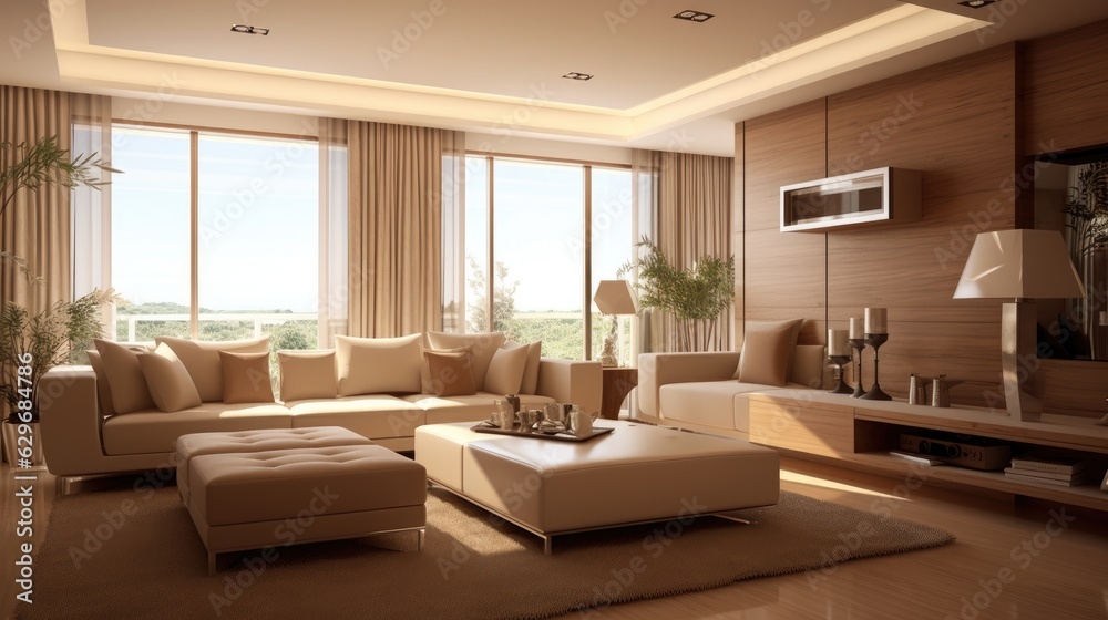 Fototapeta premium brown beige modern living room rendering, generative ai