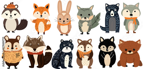 Isolated set with cute woodland forest animals. Cute raccoon, funny rabbit, wolf and bear, adorable hedgehog and other.Perfect for web, banner, card, poster. Vector illustration.