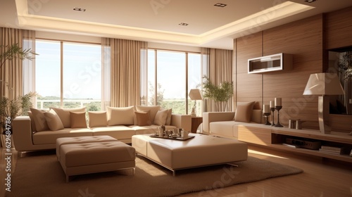 brown beige modern living room rendering, generative ai