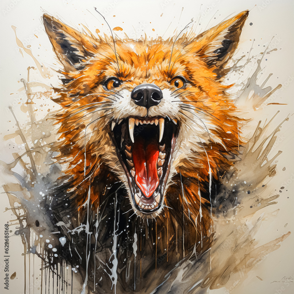 muzzle of a red fox with an evil muzzle with watercolor streaks